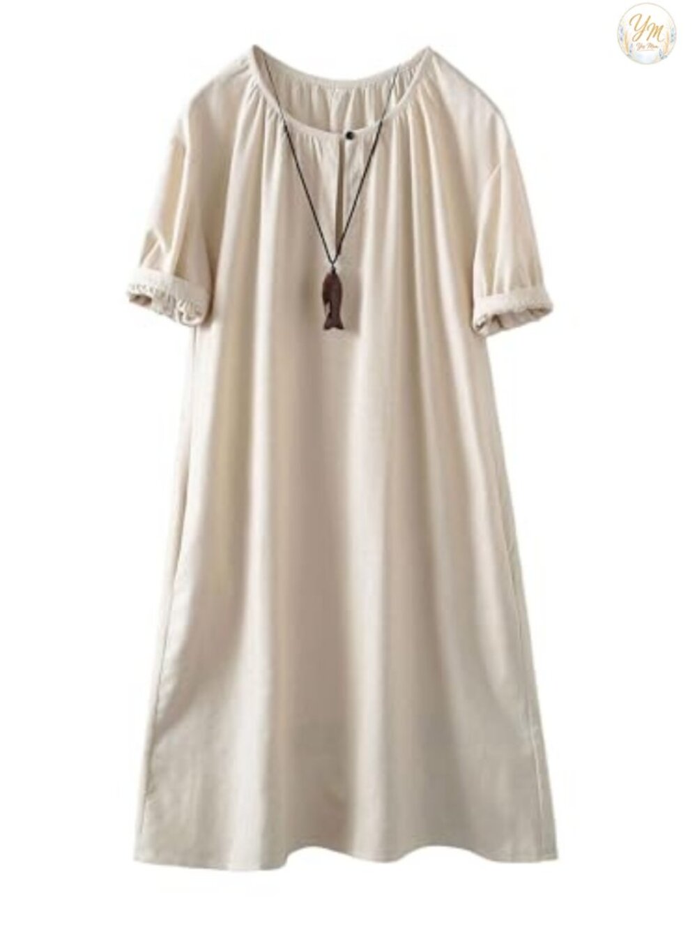 Cotton Linen Midi Dress Casual Tunic Short Sleeve Button Front